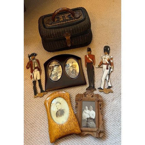 1306 - An early 20thC French basket with leather handle and fastenings, 19thC wooden double oval photograph... 