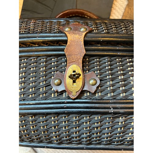 1306 - An early 20thC French basket with leather handle and fastenings, 19thC wooden double oval photograph... 