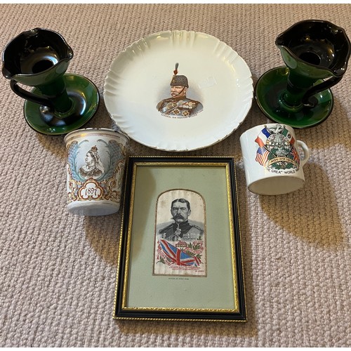 1310 - A pair of green glazed Watcombe chambersticks, General Sir Redvers Buller plate, Peace mug, 1897 ena... 