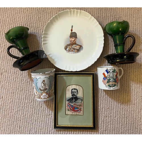 1310 - A pair of green glazed Watcombe chambersticks, General Sir Redvers Buller plate, Peace mug, 1897 ena... 