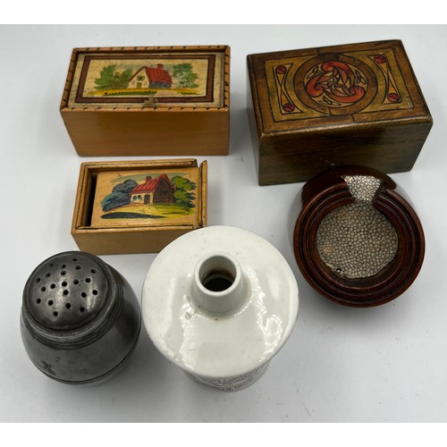 1311 - A miscellany to include pocket watch holder, Art Nouveau painted box, 2 small hand painted boxes, Ar... 