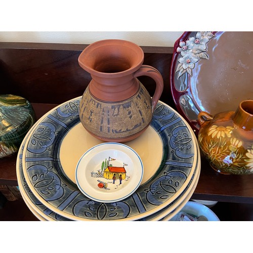 271 - Ceramics to include 4 x Royal Doulton plates by Frank Brangwen, Eichwald plate, Linthorpe vase, jug,... 