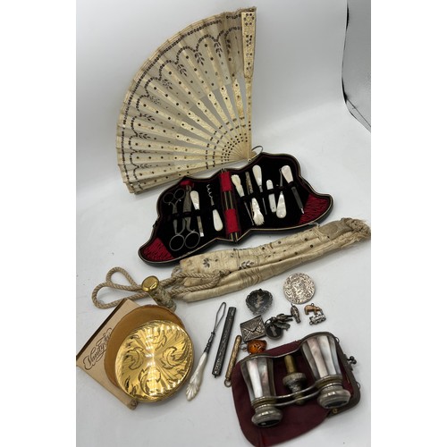 1300 - Miscellany comprising cased ladies sewing/manicure set, bone and sequinned fan in original case, Vog... 