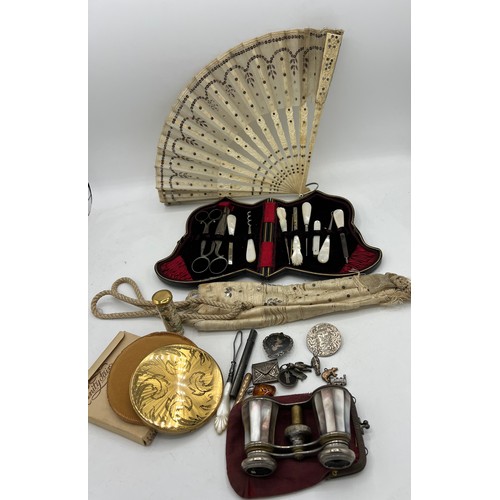 1300 - Miscellany comprising cased ladies sewing/manicure set, bone and sequinned fan in original case, Vog... 