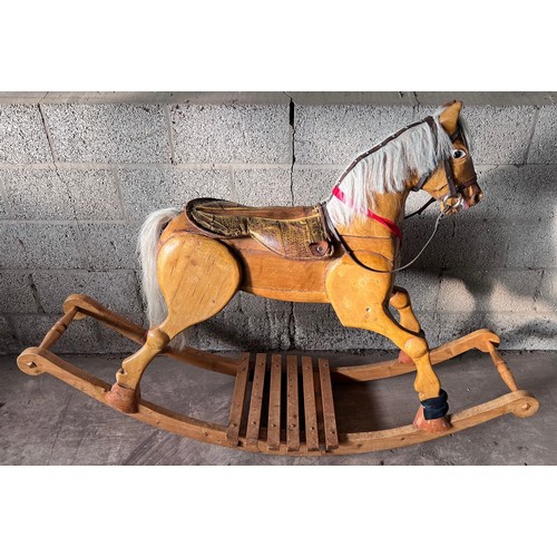 1101 - Large vintage wooden rocking horse with horse hair mane and tail, leather bridle and saddle. 121cm h... 