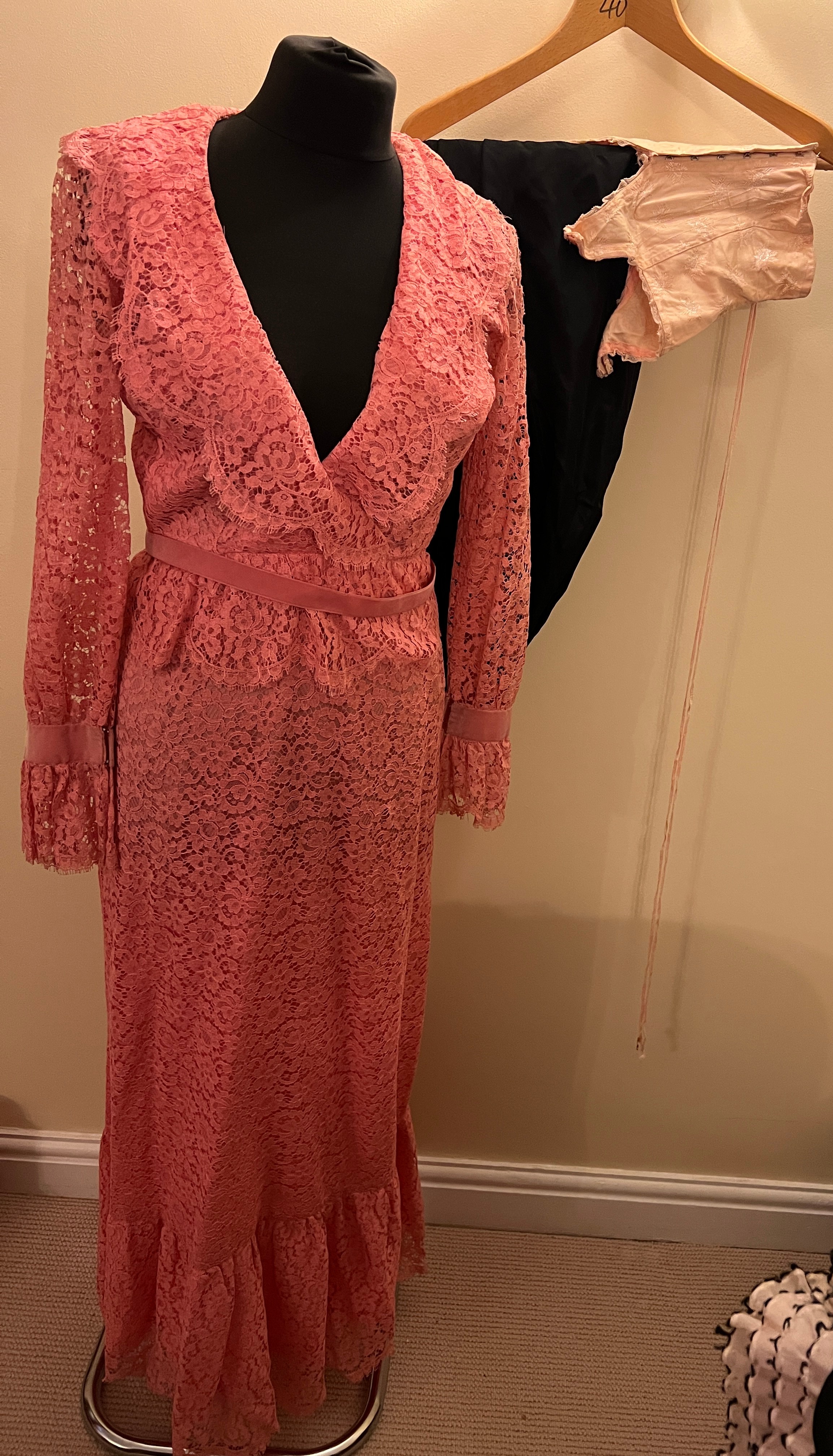 Costume to include a 1970 s pink lace Jean Allen dress marked