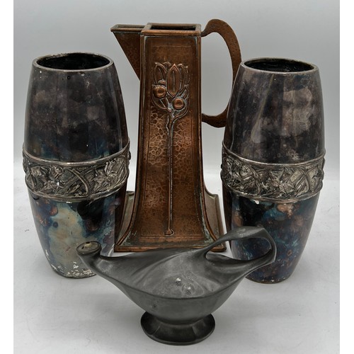 1192 - Art Nouveau metalware to include pewter Kayserzinn oil lamp, copper jug 23cm h and pair of vases.