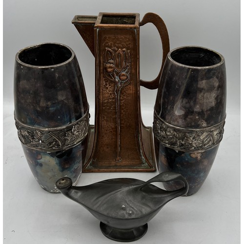 1192 - Art Nouveau metalware to include pewter Kayserzinn oil lamp, copper jug 23cm h and pair of vases.