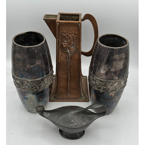 1192 - Art Nouveau metalware to include pewter Kayserzinn oil lamp, copper jug 23cm h and pair of vases.