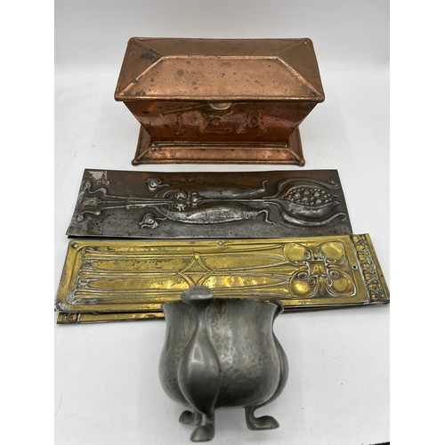 1193 - Art Nouveau copper tea caddy by James Cartland & sons of Birmingham circa 1910, 21cm w x 11.5cm d x ... 