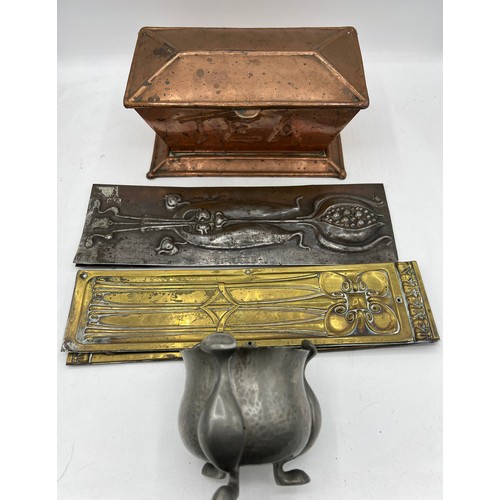 1193 - Art Nouveau copper tea caddy by James Cartland & sons of Birmingham circa 1910, 21cm w x 11.5cm d x ... 