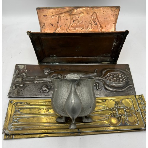 1193 - Art Nouveau copper tea caddy by James Cartland & sons of Birmingham circa 1910, 21cm w x 11.5cm d x ... 