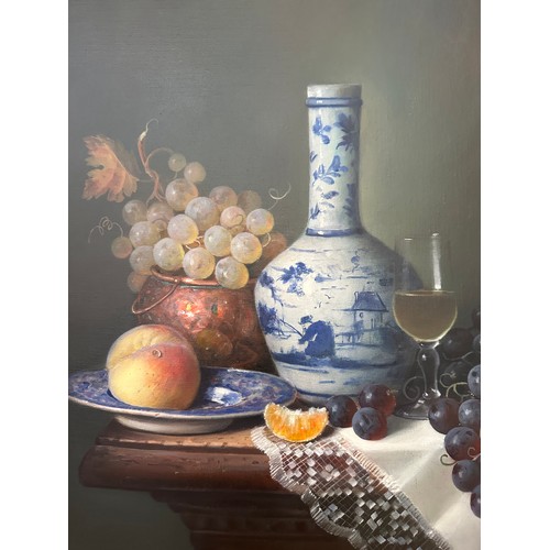 1431 - Raymond Campbell (English, b.1956) Still life with ceramics and fruit, oil on canvas. Image size 48.... 