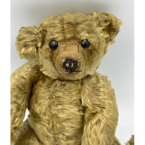 1076 - An early 20thC straw filled Teddy with button eyes and long snout and paws. Approx. 33cm long.