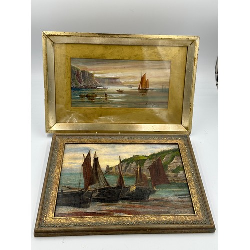 1408 - Two coastal paintings to include a W. Russell watercolour 'Sands End' image 14.5 x 29.5cm and a 19th... 