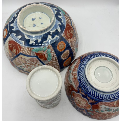 1167 - Two 19thC Imari bowls, largest 25cm d and a Chinese vase 12cm h.