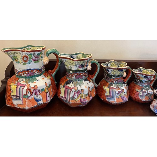 212 - Six Mason’s ironstone jugs to include a graduated set of four, largest 19.5cm h.