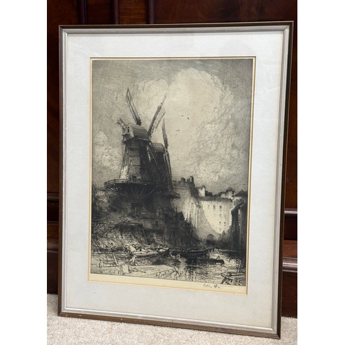 1382 - Hedley Fitton (1859-1929) Ancient Landmarks Windmill etching, pencil signed lower right. Framed and ... 