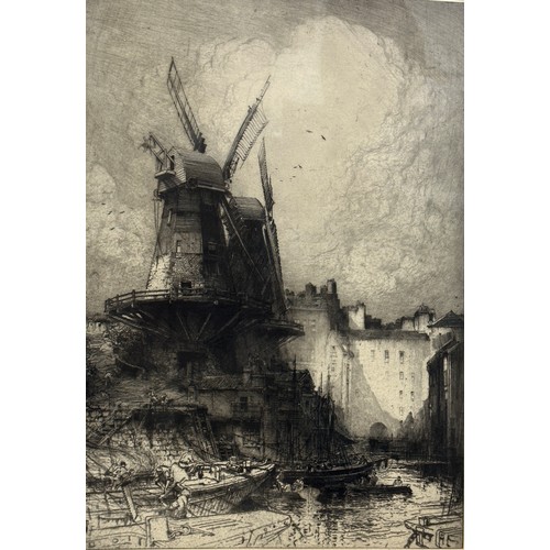 1382 - Hedley Fitton (1859-1929) Ancient Landmarks Windmill etching, pencil signed lower right. Framed and ... 