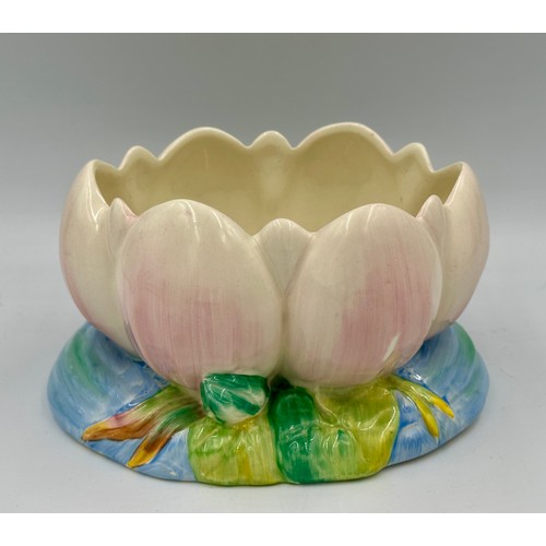 221 - A Clarice Cliff Newport Pottery pink waterlily bowl, with printed mark, length 22cm, together with a... 