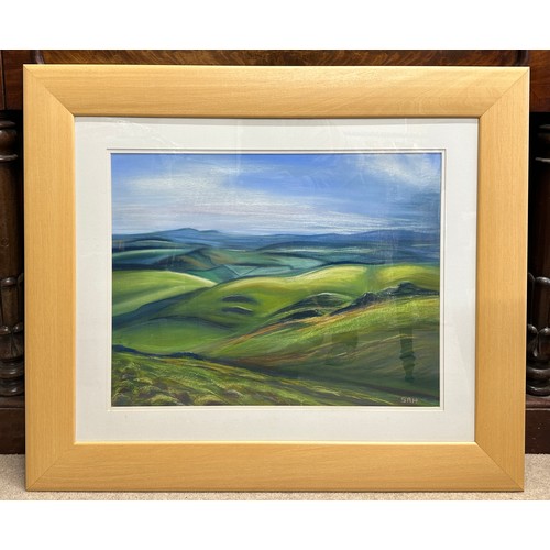 1412 - Sue Harrison, 'March Morning' a large pastel landscape. Image 61 x 65cm. Frame 85 x 100cm.