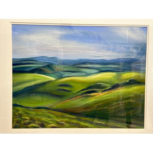 1412 - Sue Harrison, 'March Morning' a large pastel landscape. Image 61 x 65cm. Frame 85 x 100cm.