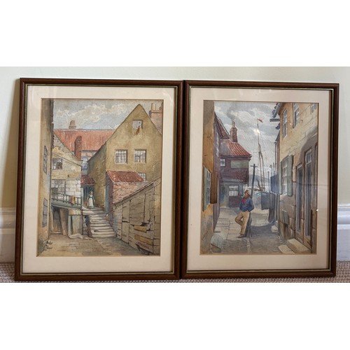 1410 - Two framed and glazed watercolour paintings including Arguments Yard Whitby 36cm x 30cm including fr... 