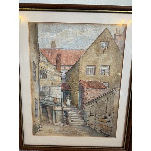 1410 - Two framed and glazed watercolour paintings including Arguments Yard Whitby 36cm x 30cm including fr... 