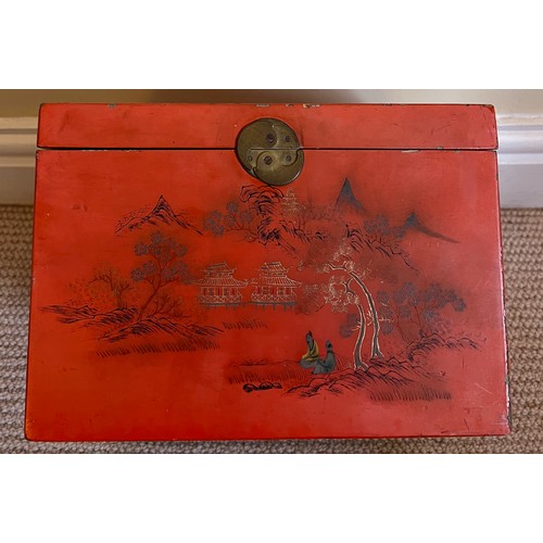 1164 - An early 20thC Chinese red lacqueur box 17cm h x 24cm w x 18cm d together with a bamboo brush pot an... 