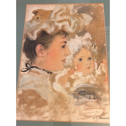 1433 - Henry Jones Thaddeus (1860-1929) watercolour portrait of a woman and child. Signed L.R. 32cm x 22cm ... 