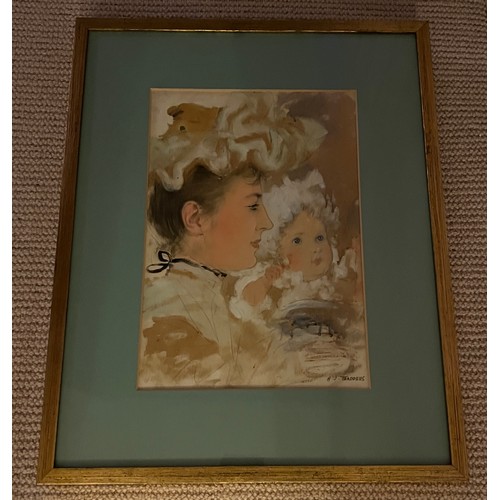 1433 - Henry Jones Thaddeus (1860-1929) watercolour portrait of a woman and child. Signed L.R. 32cm x 22cm ... 