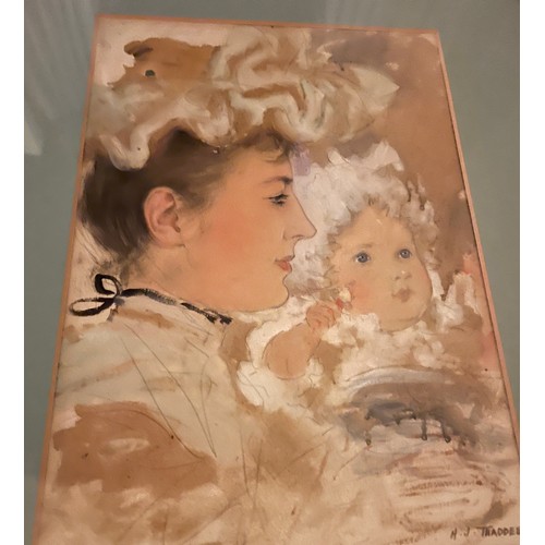 1433 - Henry Jones Thaddeus (1860-1929) watercolour portrait of a woman and child. Signed L.R. 32cm x 22cm ... 