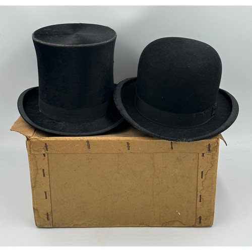 936 - Two gents hats:  A top hat from Woodrow, Manchester together with a bowler hat 'Sylkfelt', Best Qual... 