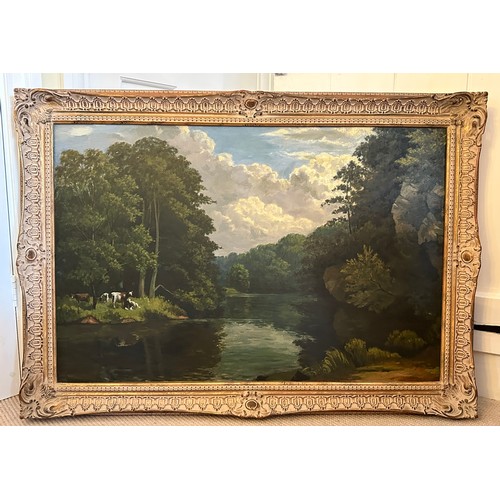 1416 - A large oil on board with label to reverse: Jack Hinchcliffe, Boston Spa 1895 'River Wharfe'. No vis... 