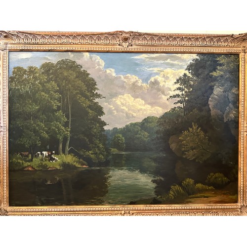 1416 - A large oil on board with label to reverse: Jack Hinchcliffe, Boston Spa 1895 'River Wharfe'. No vis... 