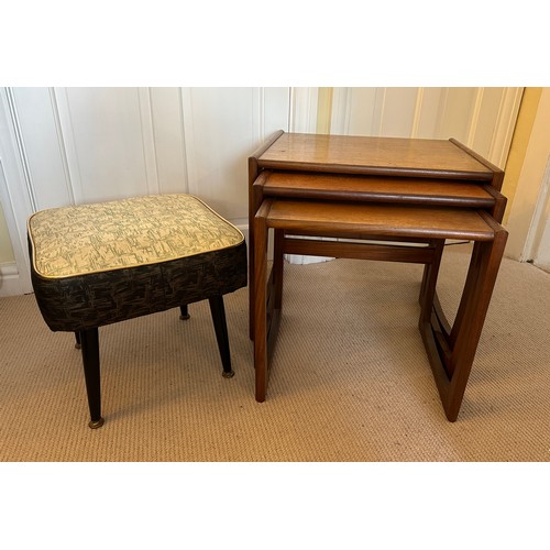 27 - A nest of three teak tables, largest 53 w x 43 d x 48cm h together with a mid century stool with ori... 
