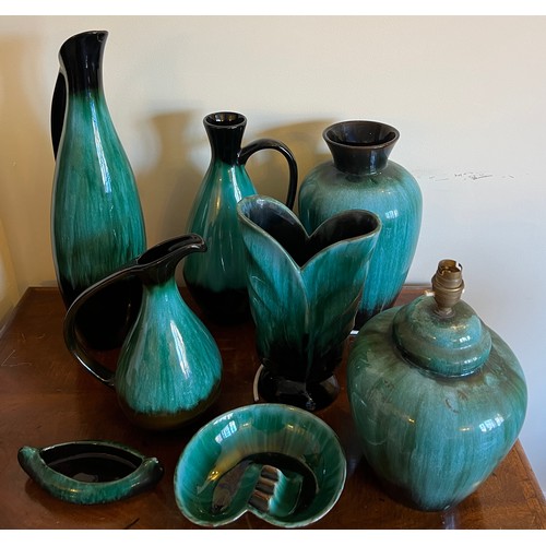 240 - Canadian Blue Mountain vases, dish, ashtray and lamp. Tallest lamp 48cm h.