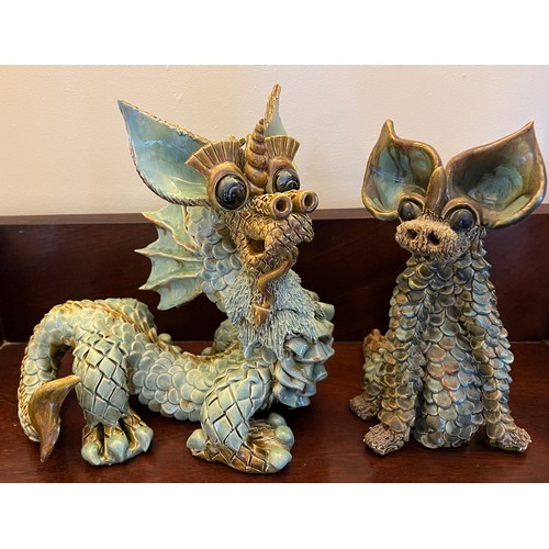 280 - Two large Yare designs pottery dragons. Both with paper labels. Largest 28cm l x 23cm h.