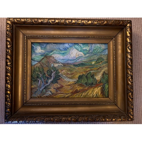 1414 - Oil on canvas impressionistic landscape in the manner of Van Gogh in gilt frame bearing label Curt V... 