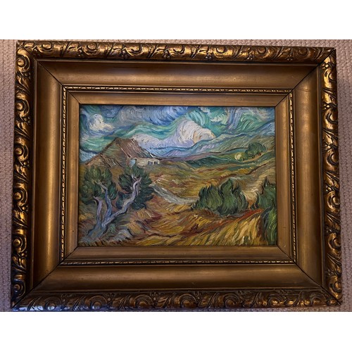 1414 - Oil on canvas impressionistic landscape in the manner of Van Gogh in gilt frame bearing label Curt V... 