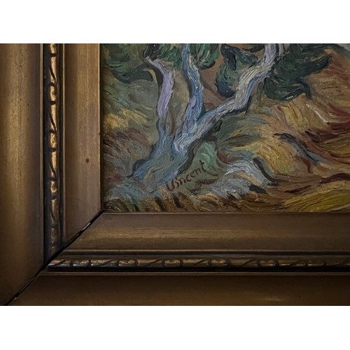 1414 - Oil on canvas impressionistic landscape in the manner of Van Gogh in gilt frame bearing label Curt V... 