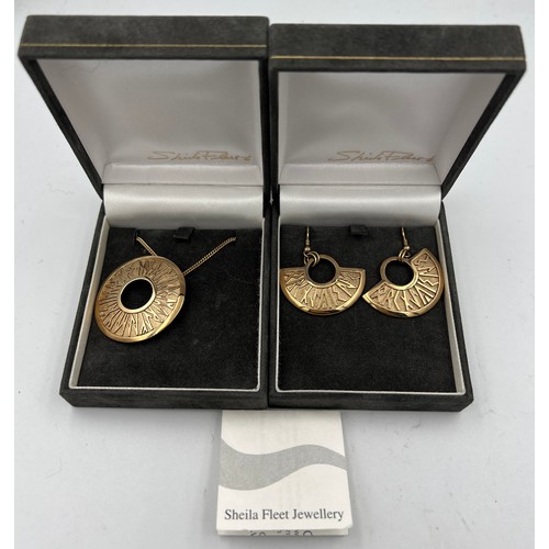 393 - Sheila Fleet of Orkney 9 carat gold matching pendant 40cm chain and earrings, 28.6gm.