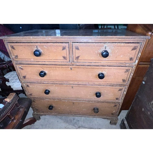 21 - A 19thC pine chest of drawers, two long over three long drawers on bracket feet with original painte... 