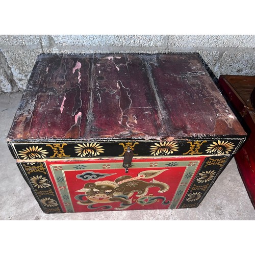 1176 - Three decorative Chinese painted and lacquer wooden boxes. Largest 47 w x 34 d x 34cm h.