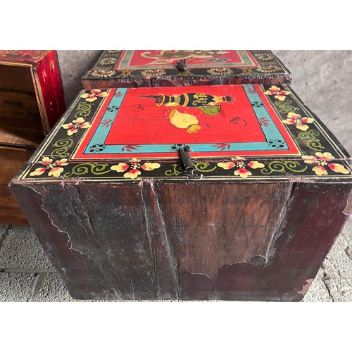 1176 - Three decorative Chinese painted and lacquer wooden boxes. Largest 47 w x 34 d x 34cm h.