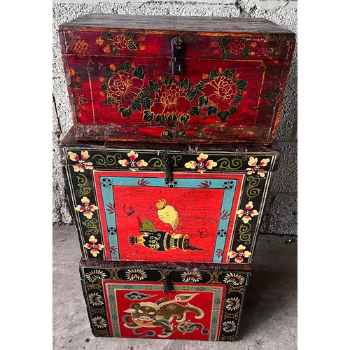 1176 - Three decorative Chinese painted and lacquer wooden boxes. Largest 47 w x 34 d x 34cm h.