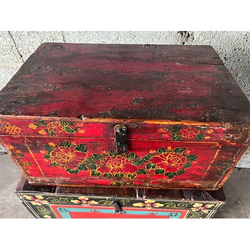 1176 - Three decorative Chinese painted and lacquer wooden boxes. Largest 47 w x 34 d x 34cm h.