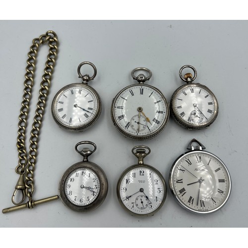 Six pocket watches and a fob chain to include Raketa hallmarked silver cased with white enamel dial