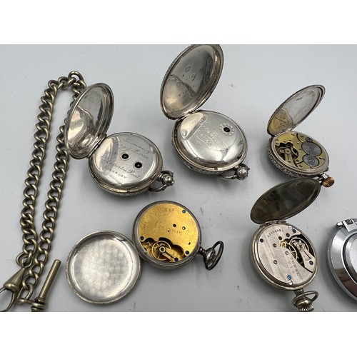 Six pocket watches and a fob chain to include Raketa hallmarked silver cased with white enamel dial