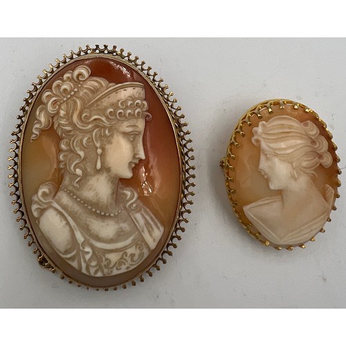 373 - Two 9 carat gold mounted carved shell cameo brooches. Larger one 5cm x 4cm.